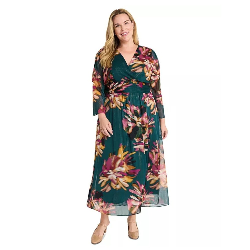 New Maggy London Floral Print Maxi Dress 14 14W NWT plus Long Green Wedding